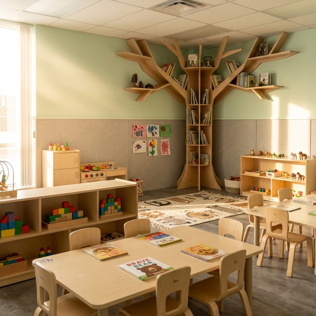 Your modern daycare classroom in Southwest Edmonton featuring a custom tree bookshelf